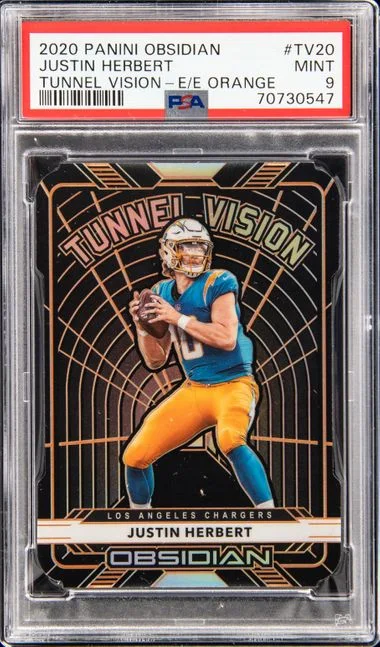 2020 Panini Obsidian Justin Herbert Tunnel Vision Electric Etch-Orange #Tv20 card image