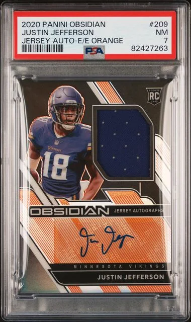 2020 Panini Obsidian Justin Jefferson Jersey Autographs Electric Etch Orange #209 card image