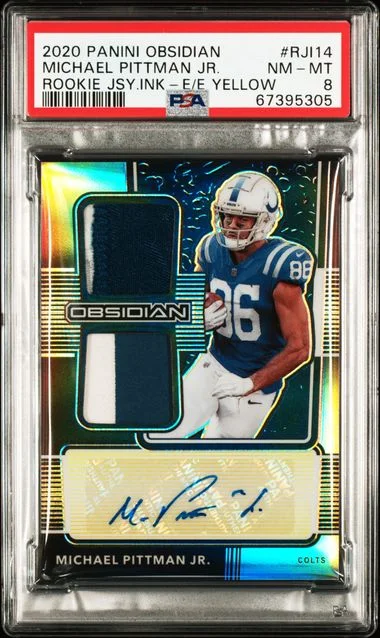 2020 Panini Obsidian Michael Pittman Jr. Jersey Ink Electric Etch-Yellow #Rji14 card image