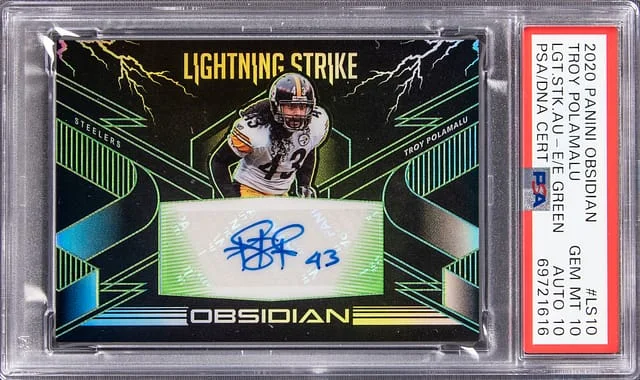 2020 Panini Obsidian Troy Polamalu Lightning Strike Autographs Electric Etch Green #LS10 card image