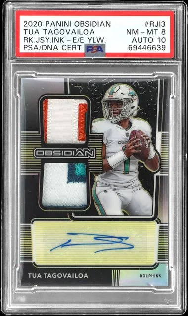 2020 Panini Obsidian Tua Tagovailoa Jersey Ink Electric Etch Yellow #RJI-3 card image