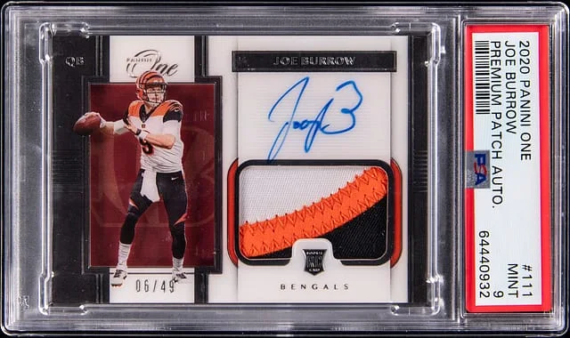 2020 Panini One and One Joe Burrow Premium Patch Autograph #111 card image