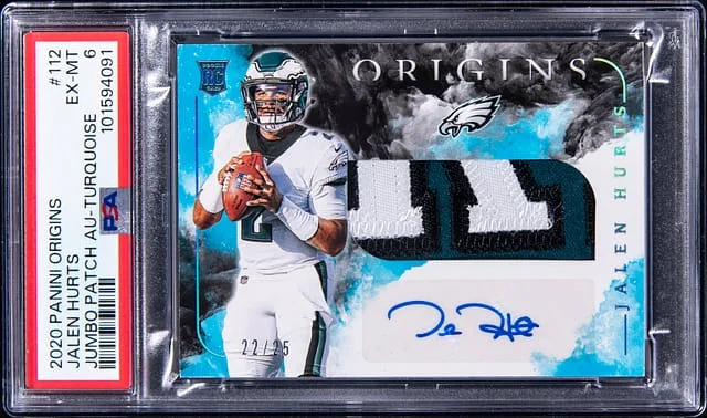 2020 Panini Origins Jalen Hurts Jumbo Patch Autograph #112 card image
