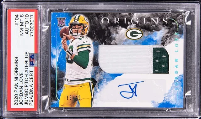 2020 Panini Origins Jordan Love Jumbo Patch Autograph Blue #104 card image