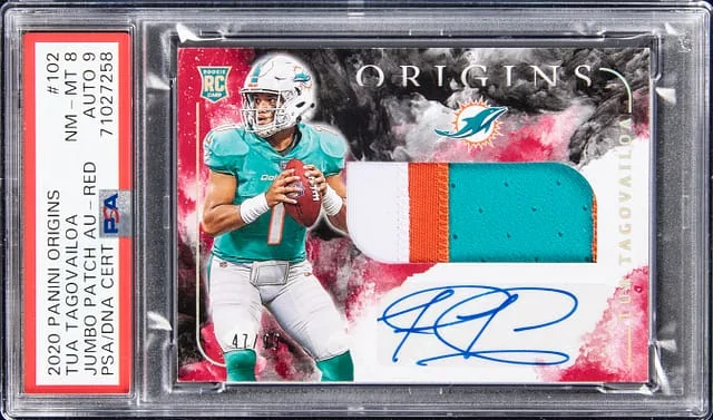 2020 Panini Origins Tua Tagovailoa Jumbo Patch Autographs Red #102 card image