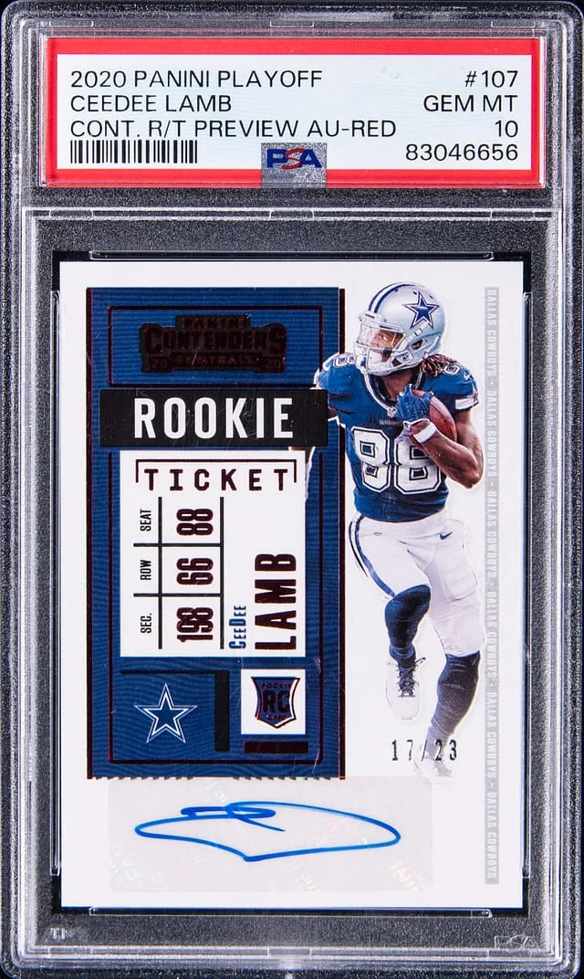 2020 Panini Playoff CeeDee Lamb Contenders Ticket Preview Autograph Red #107 card image