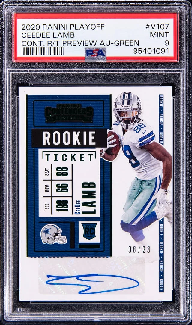 2020 Panini Playoff Ceedee Lamb Contenders Ticket Preview Autographs Red #V107 card image
