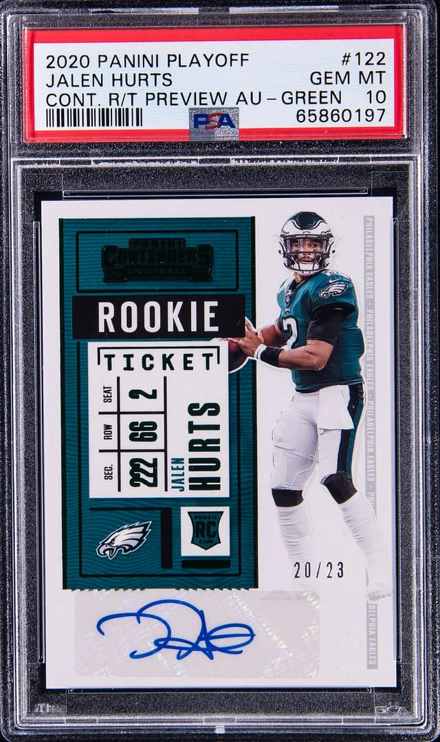 2020 Panini Playoff Jalen Hurts Contenders Ticket Preview Autographs Green #122 card image