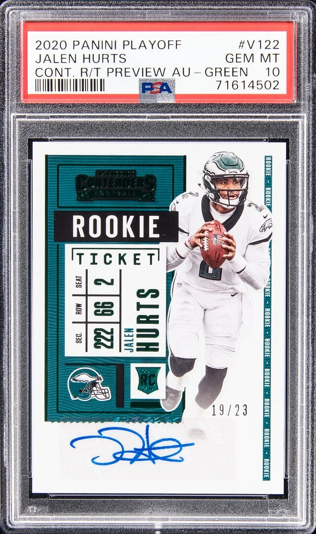 2020 Panini Playoff Jalen Hurts Contenders Ticket Preview Autograph Green #122V card image