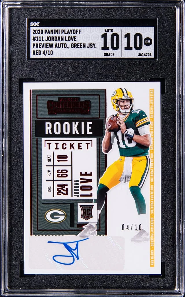 2020 Panini Playoff Jordan Love, Green Preview Ticket Autograph Red #111 card image