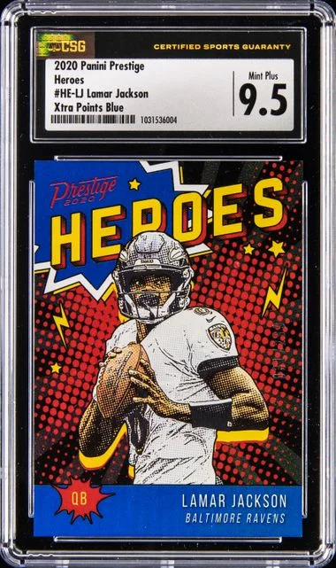 2020 Panini Prestige Lamar Jackson Heroes Xtra Points Blue #HE-LJ card image