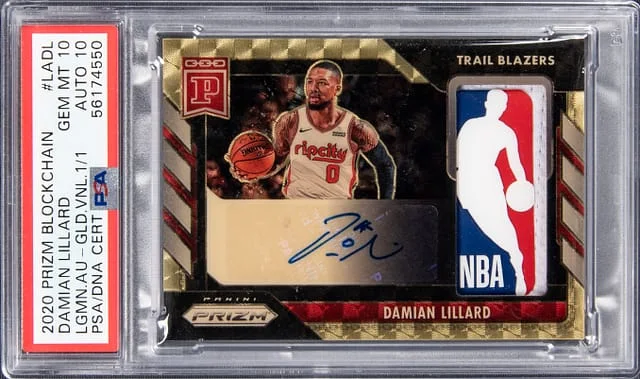 2020 Panini Prizm Damian Lillard Blockchain Logoman Autographs Gold Vinyl #LA-DL card image
