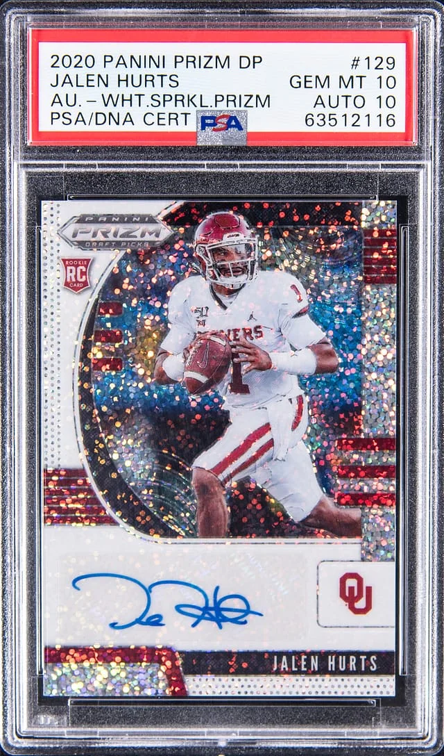 2020 Panini Prizm Jalen Hurts Autograph White Sparkle Prizm #129 card image
