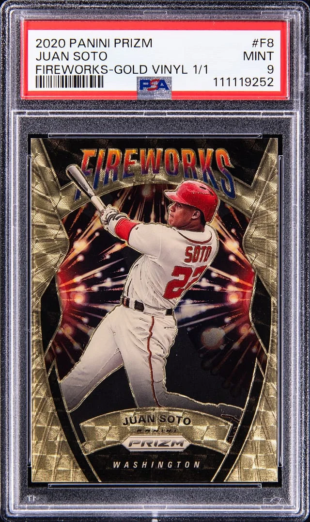 2020 Panini Prizm Juan Soto Fireworks Gold Vinyl #F8 card image