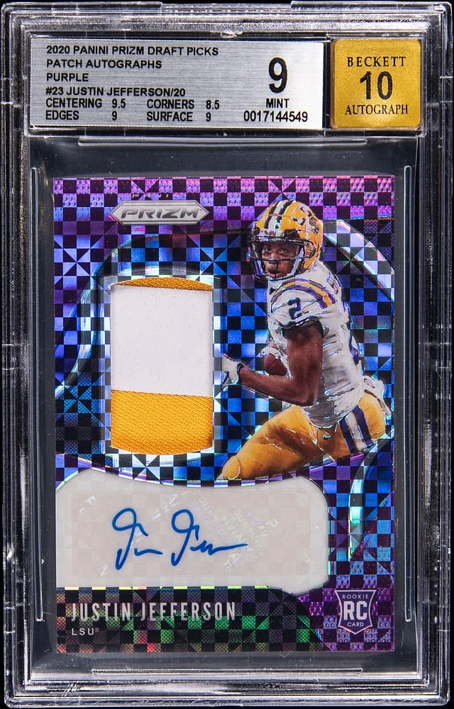 2020 Panini Prizm Justin Jefferson Patch Autographs Purple #23 card image