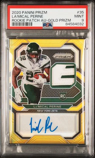 2020 Panini Prizm La'Mical Perine Patch Autographs Gold Prizm #35 card image