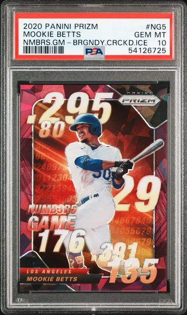 2020 Panini Prizm Mookie Betts Numbers Game Burgundy Cracked Ice #NG5 card image