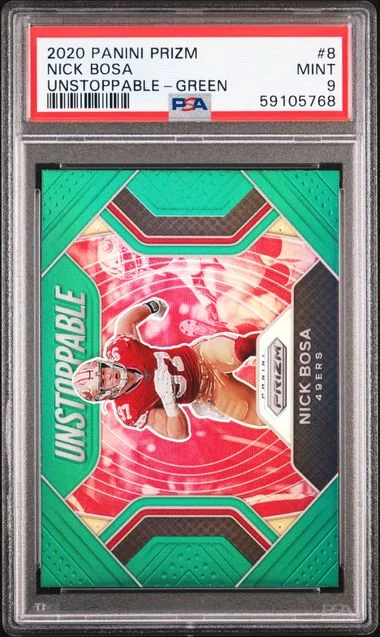 2020 Panini Prizm Nick Bosa Unstoppable Green #8 card image