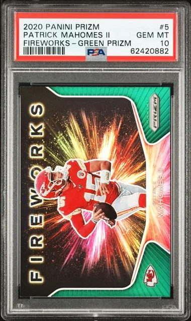 2020 Panini Prizm Patrick Mahomes II Fireworks Green Prizm #5 card image