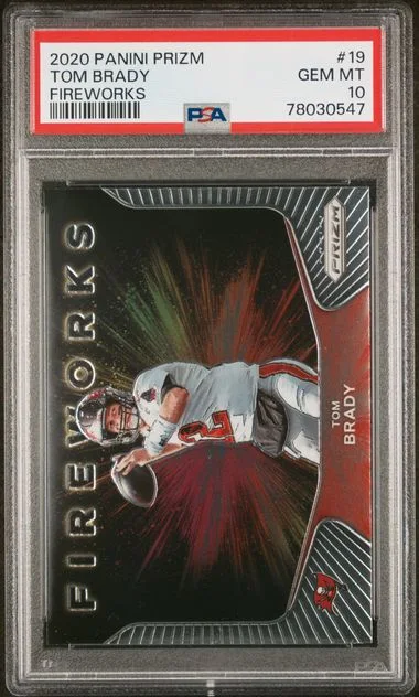 2020 Panini Prizm Tom Brady Fireworks Green Prizm #19 card image