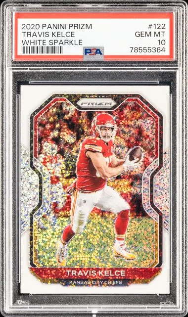 2020 Panini Prizm Travis Kelce White Sparkle #122 card image