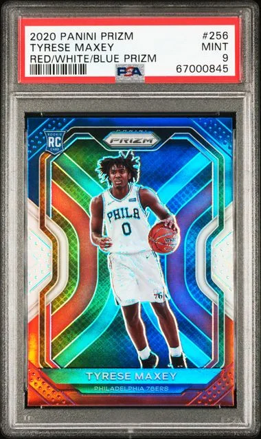 2020 Panini Prizm Tyrese Maxey Red/White/Blue Prizm #256 card image