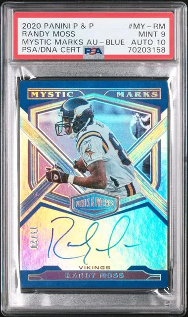 2020 Panini Randy Moss Plates & Patches Mystic Marks Autographs Blue #MY-RM card image
