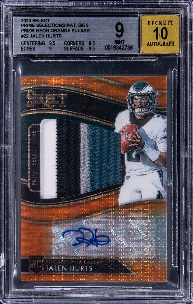 2020 Panini Select Jalen Hurts Prime Selections Material Signatures Neon Orange Pulsar Prizm #22 card image