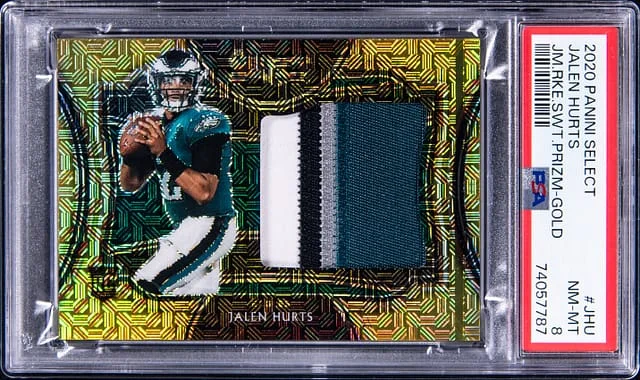 2020 Panini Select Jalen Hurts Jumbo Swatch Gold Prizm #JS-JHU card image