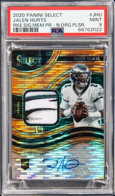 2020 Panini Select Jalen Hurts Signature Memorabilia Prizm Neon Orange Pulsar #RSM-JHU card image