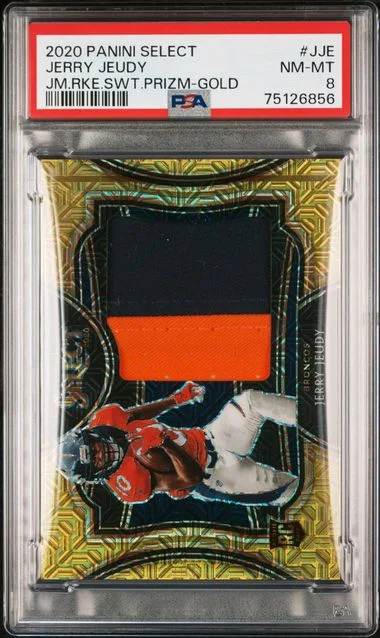 2020 Panini Select Jerry Jeudy Jumbo Swatch Prizm Gold #JJE card image
