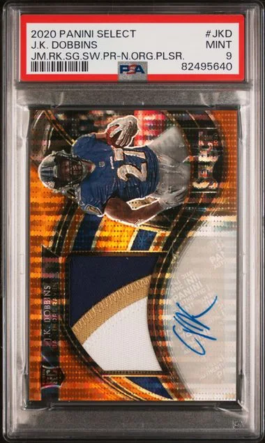 2020 Panini Select J.K. Dobbins Jumbo Signature Swatch Prizm Neon Orange Pulsar #JKD card image