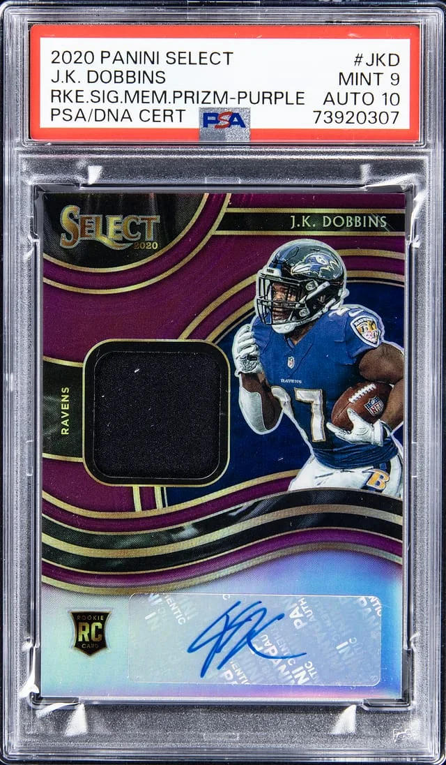 2020 Panini Select J.K. Dobbins Signature Materials Prizm Purple #RSM-JKD card image