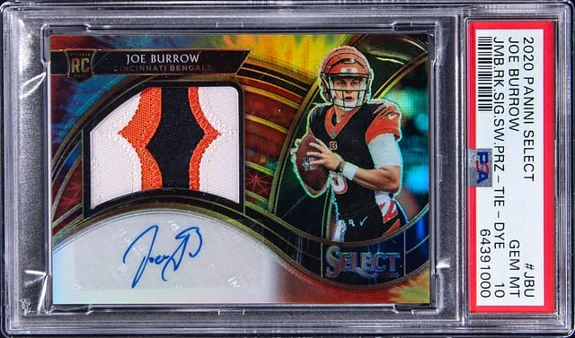 2020 Panini Select Joe Burrow Jumbo Signatures Swatch Tie-Dye Prizm #JRS-JBU card image