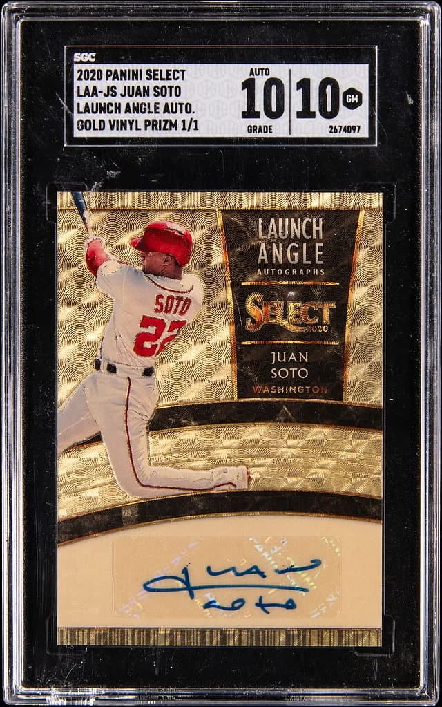 2020 Panini Select Juan Soto Launch Angle Autograph Gold Vinyl Prizm #LAA-JS card image