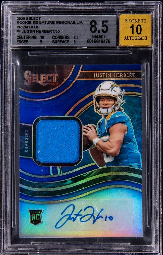 2020 Panini Select Justin Herbert Signature Memorabilia Prizms Blue #RSM-JHE card image