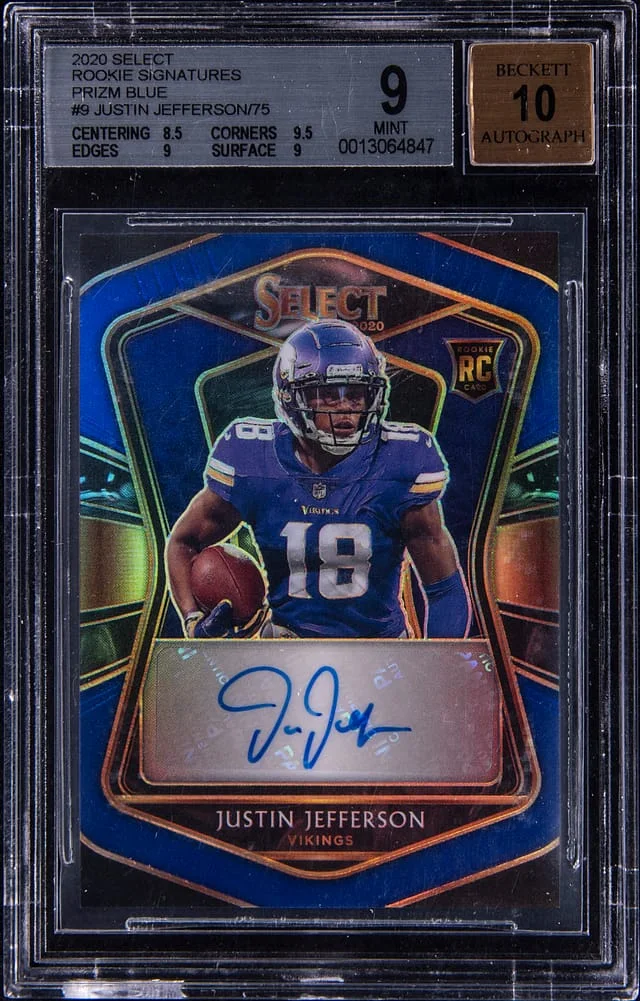 2020 Panini Select Justin Jefferson Signatures Prizm Blue #9 card image