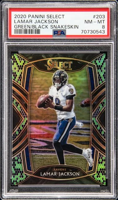 2020 Panini Select Lamar Jackson Green/Black Snakeskin #203 card image