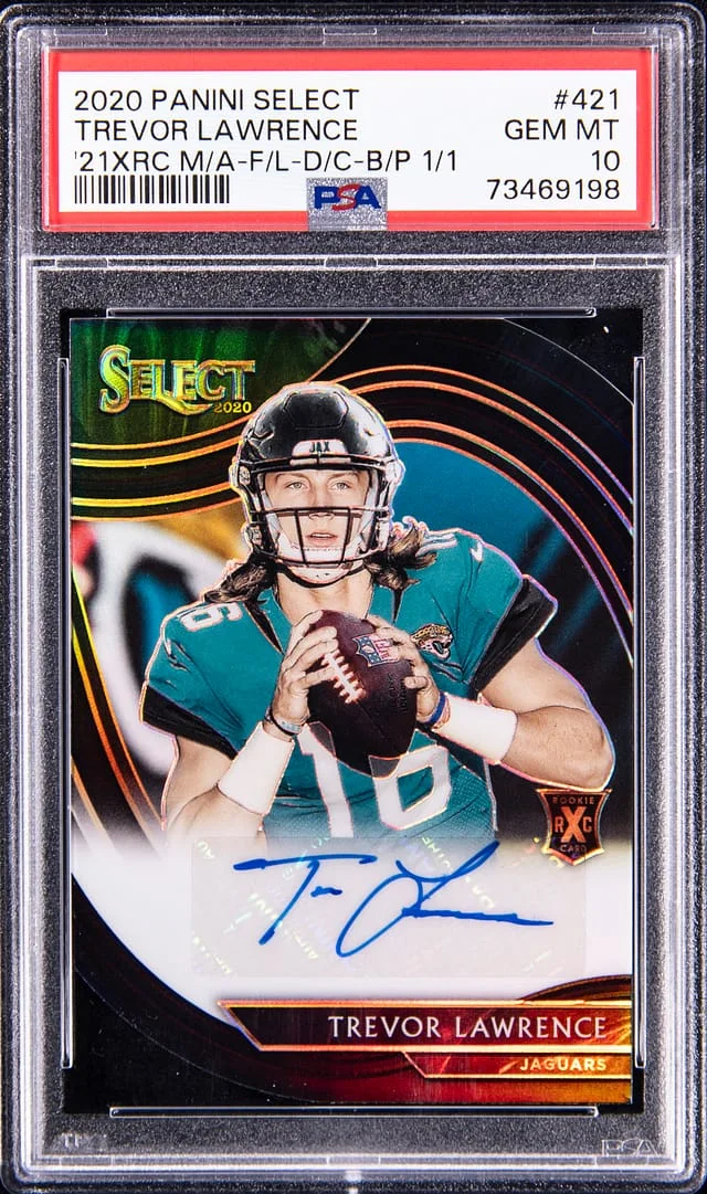 2020 Panini Select Trevor Lawrence 21 XRC Mystery Autograph Tie-Dye Prizm #421 card image