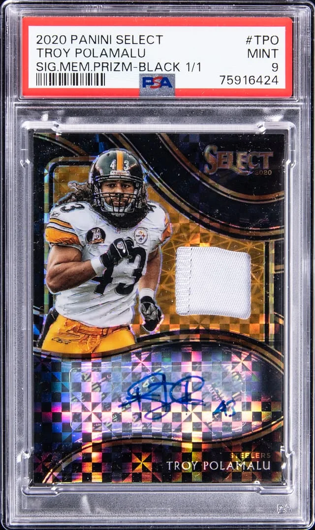 2020 Panini Select Troy Polamalu Signature Memorabilia Prizm Black #TPO card image