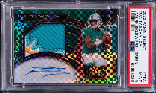 2020 Panini Select Tua Tagovailoa Jumbo Signature Swatch Green Prizm #TTA card image