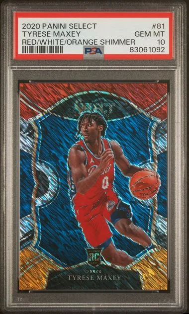 2020 Panini Select Tyrese Maxey Red/White/Orange Shimmer #81 card image