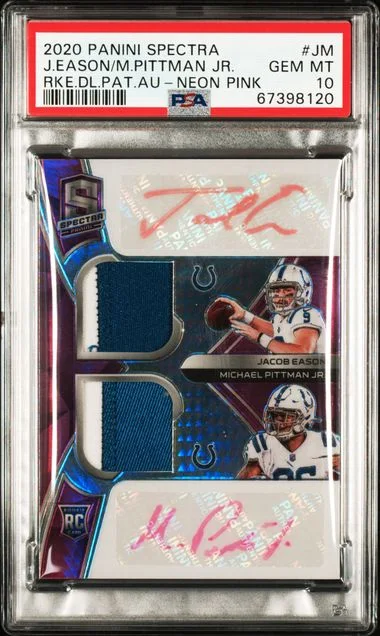 2020 Panini Spectra Dual Patch Autographs Neon Pink Jm Jacob Eason/Michael Pittman Jr. #no-number card image