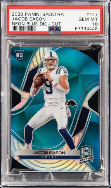 2020 Panini Spectra Jacob Eason Neon Blue Die-Cut #147 card image
