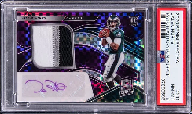 2020 Panini Spectra Jalen Hurts Patch Autographs Neon Purple #211 card image