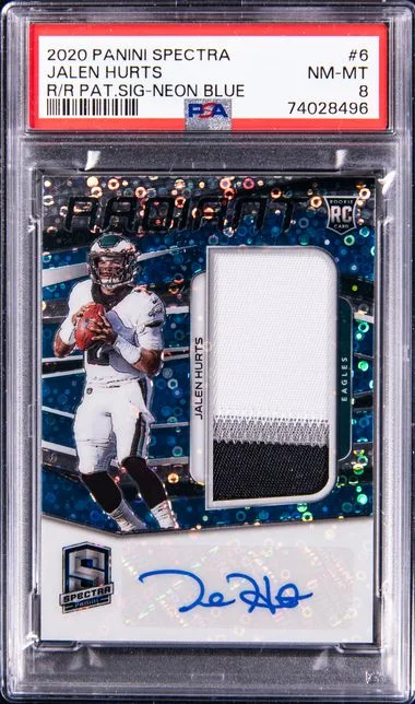 2020 Panini Spectra Jalen Hurts Radiant Patch Signatures Neon Blue #6 card image