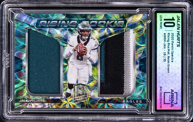 2020 Panini Spectra Jalen Hurts Patch - AC Rising Match Neon Green #RRM-JAH card image