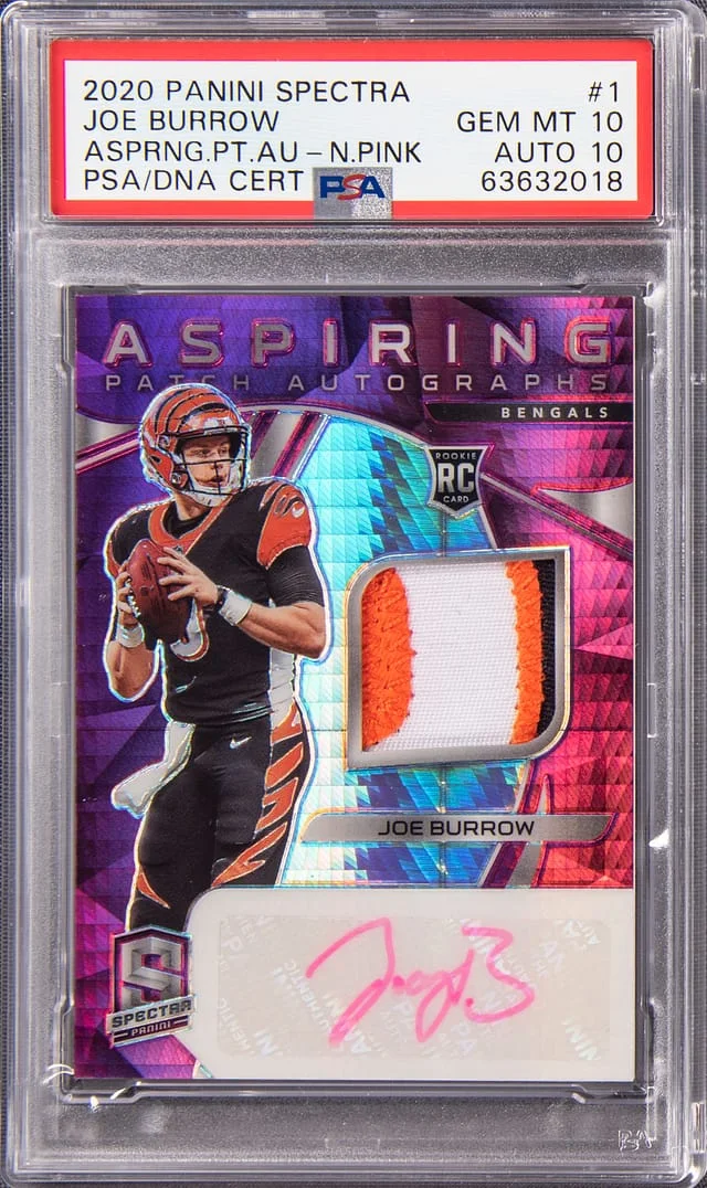 2020 Panini Spectra Joe Burrow Aspiring Patch Autographs Neon Pink #1 card image