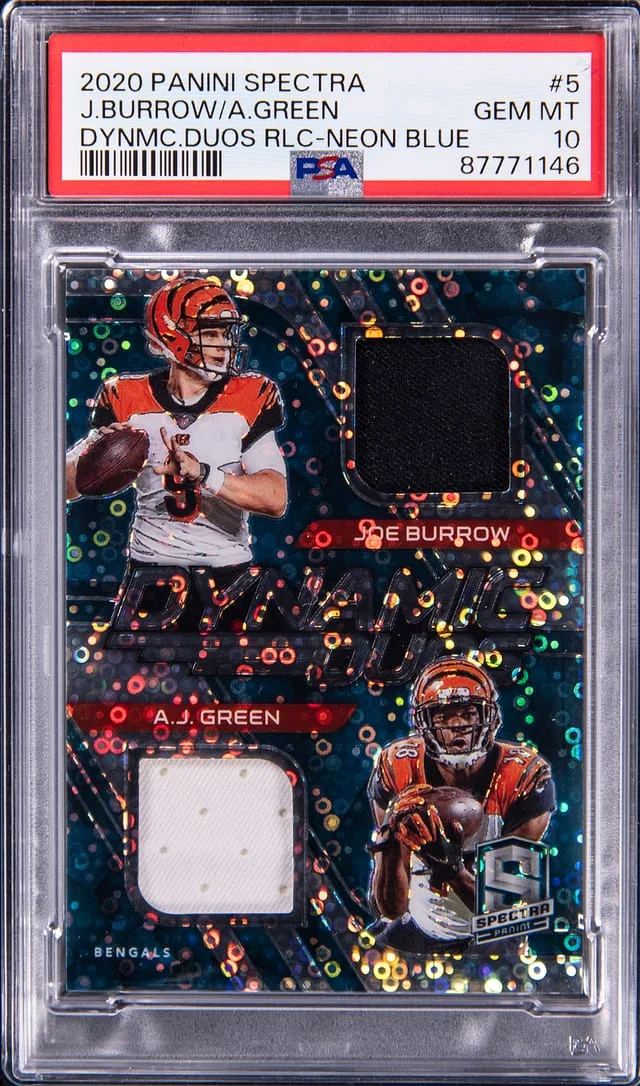 2020 Panini Spectra Joe Burrow/AJ Dynamic Duos Relic Neon Blue #5 card image