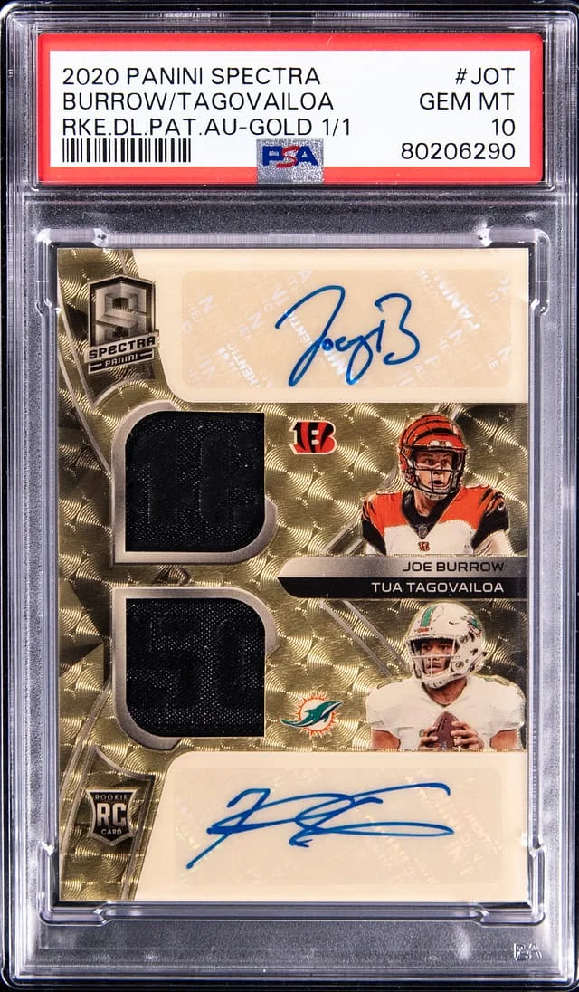 2020 Panini Spectra Joe Burrow/Tua Tagovailoa Dual Patch Autographs Gold Vinyl Prizm #RDPA-JOT card image